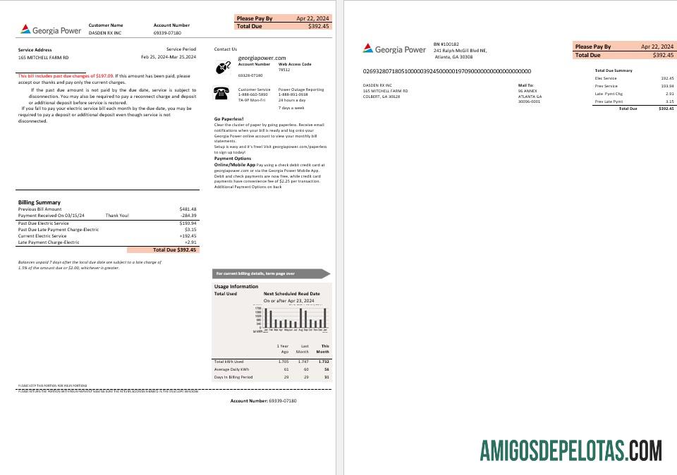 para download Novo modelo de fatura da marca USA Georgia Power Business Utility em formatos Word e PDF, totalmente editável